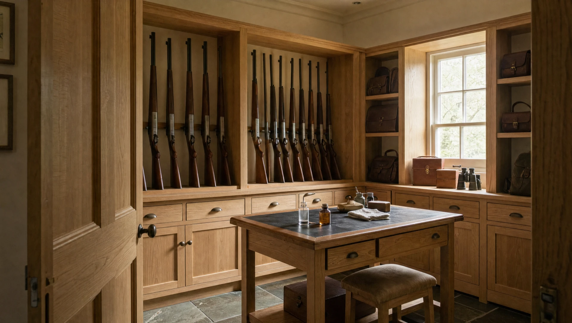 Oak gun room with racked guns, a central cleaning table and a window seat