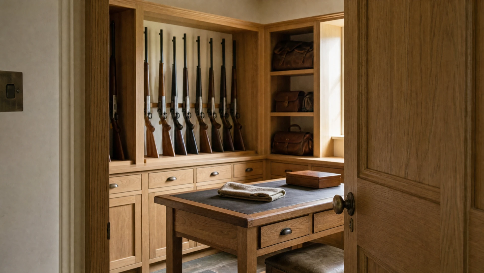 Oak gun room with guns racked to the wall and a central bench beneath a window