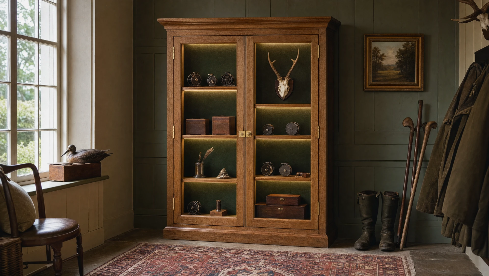 Glazed oak display cabinet holding trophies and sporting effects in a panelled room