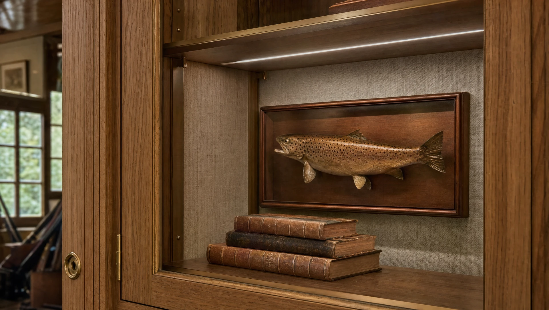 Cased fish mounted in a glazed display above a shelf of books
