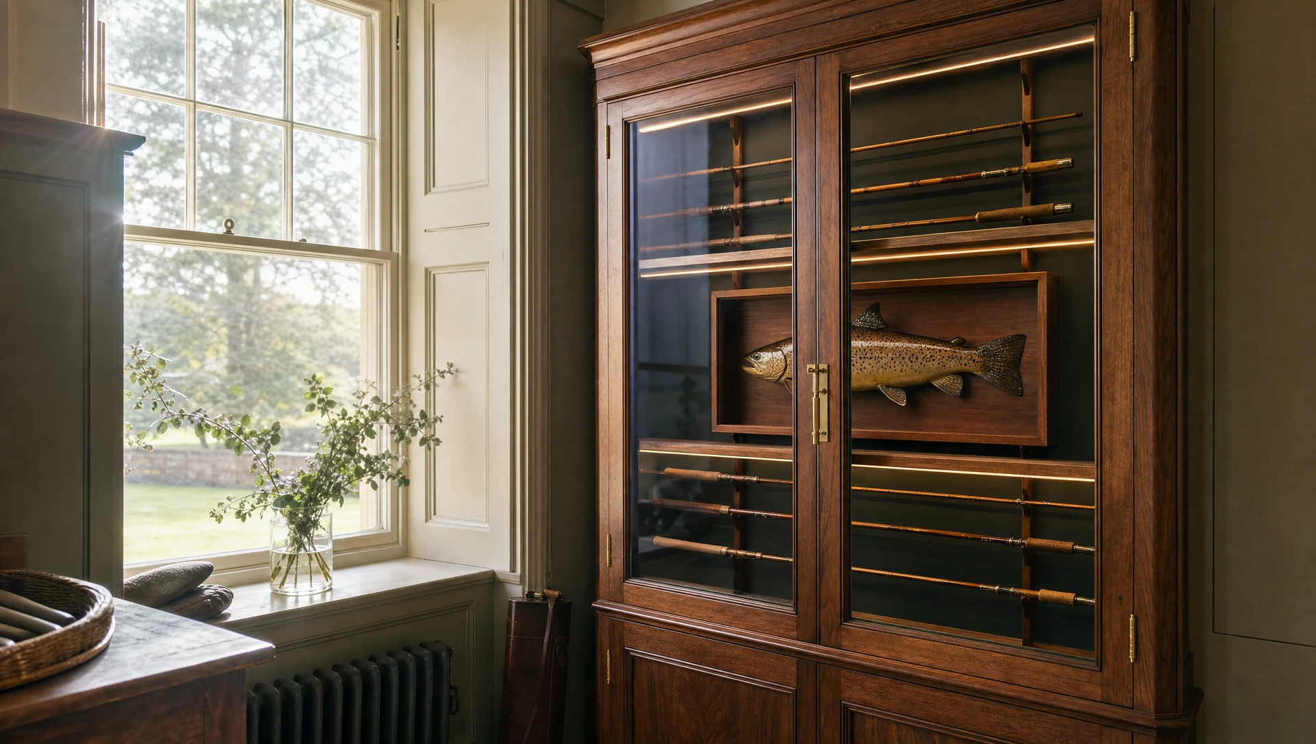 Glazed mahogany display cabinet with a cased fish and shelves of sporting effects