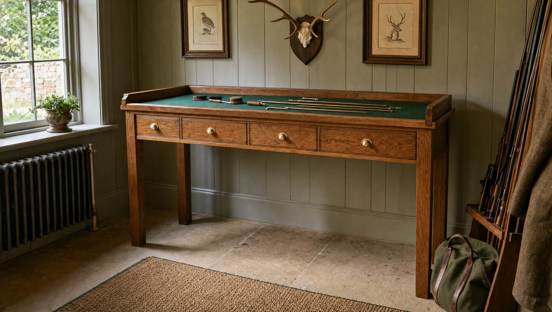 Oak cleaning table with a baize top beneath framed prints and a mounted deer skull