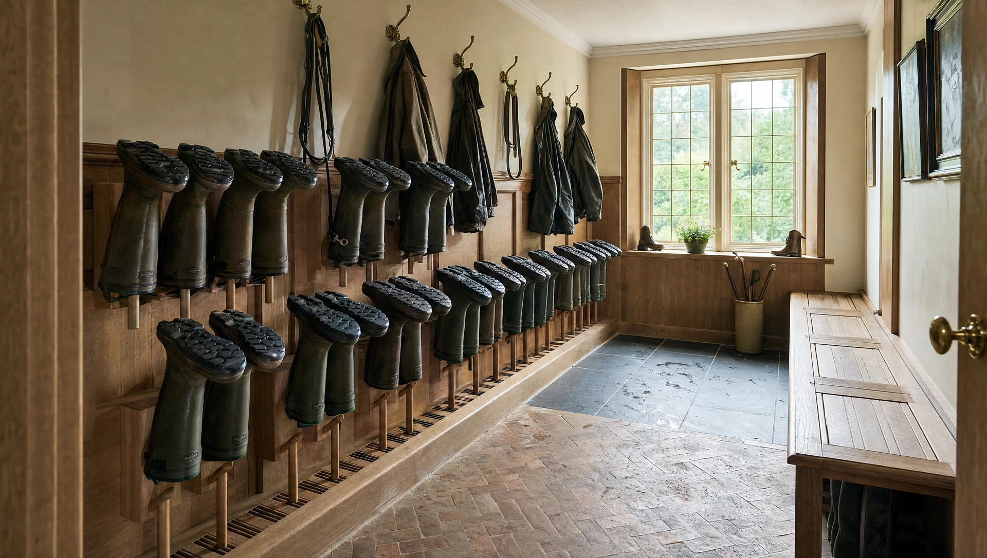 Boot room with boots and coats along a peg rail beneath a window