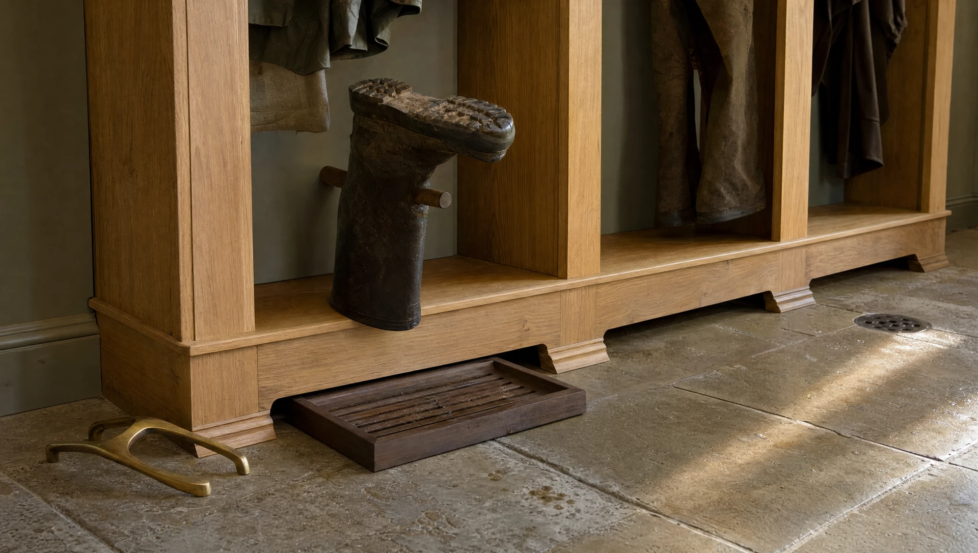Boot bench with a boot jack and slatted shelf over a stone floor