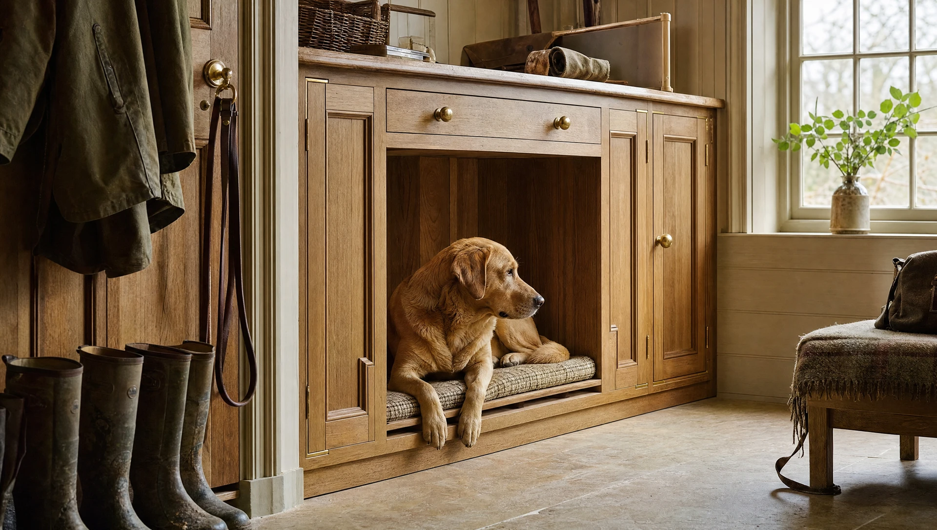 Built-in dog bed beneath a boot room cabinet with a dog lying inside