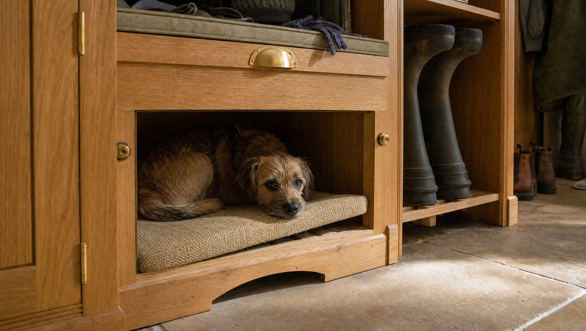Oak dog bed built into a run of boot room cabinetry with two dogs inside