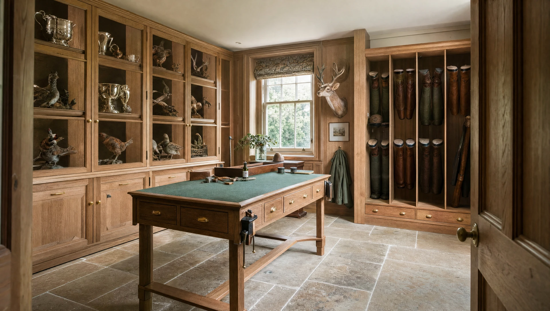 Sporting room with display cabinets, a central cleaning table and gun racking beyond