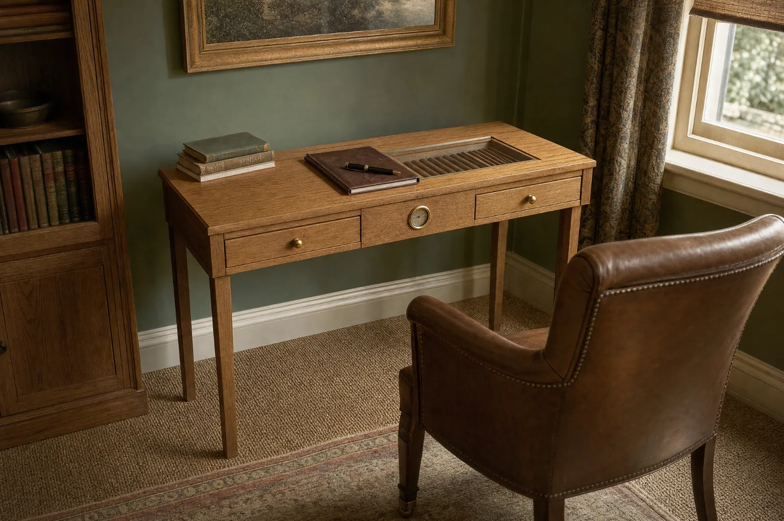 Writing-table-height cigar table with a flush glazed bay in the top, a hygrometer in the front rail and drawers either side
