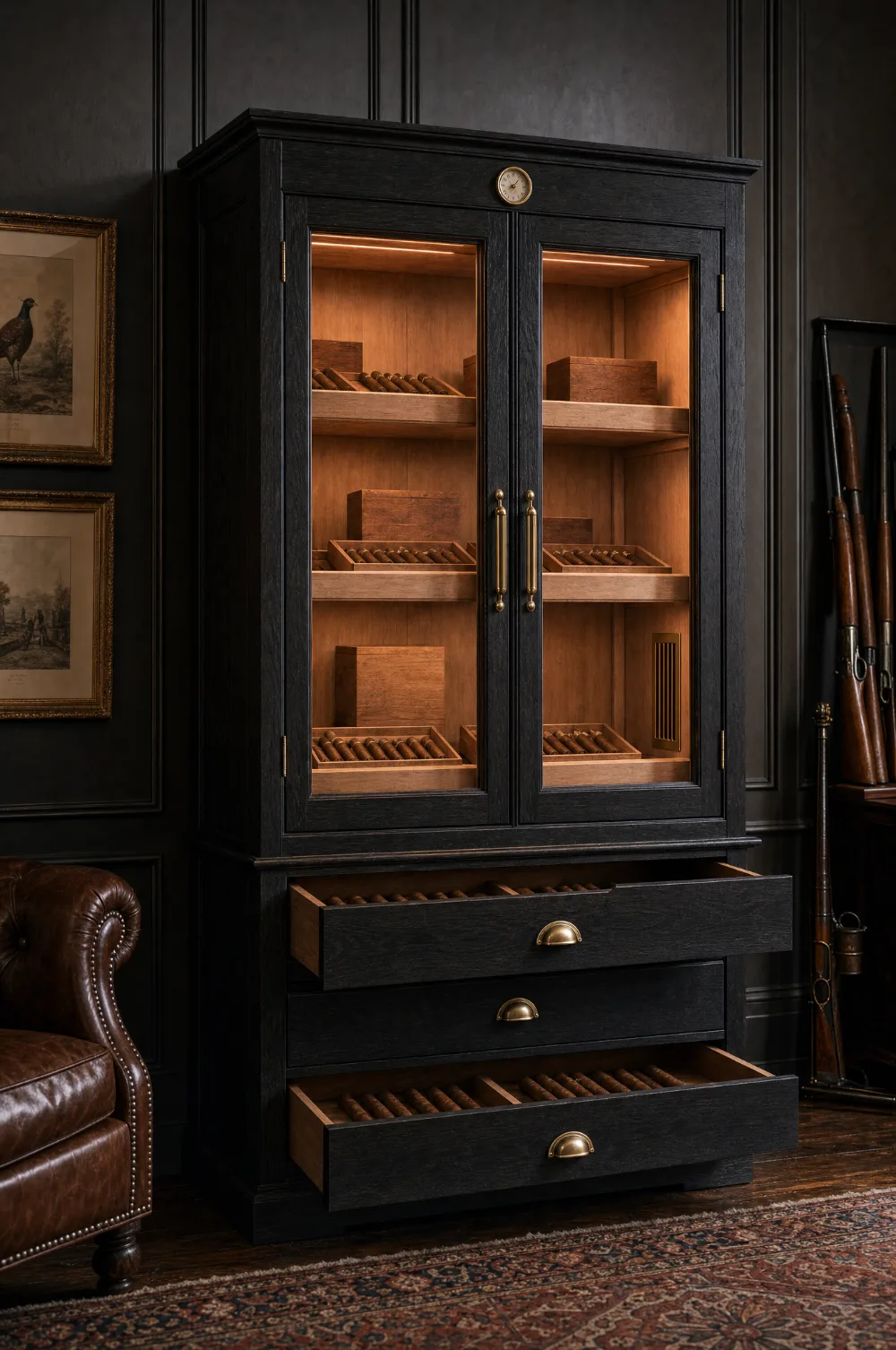 Near-black hand-painted cigar cabinet with glazed doors and lit cedar trays