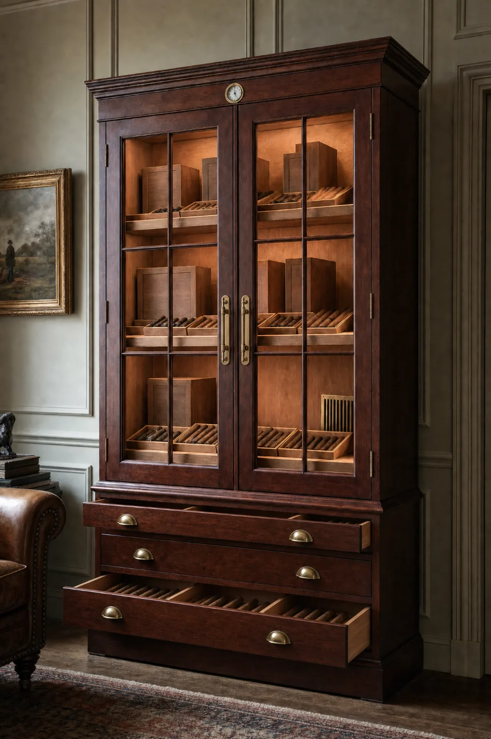 Dark stained cigar cabinet with glazed doors, lit cedar trays and cigar drawers drawn open
