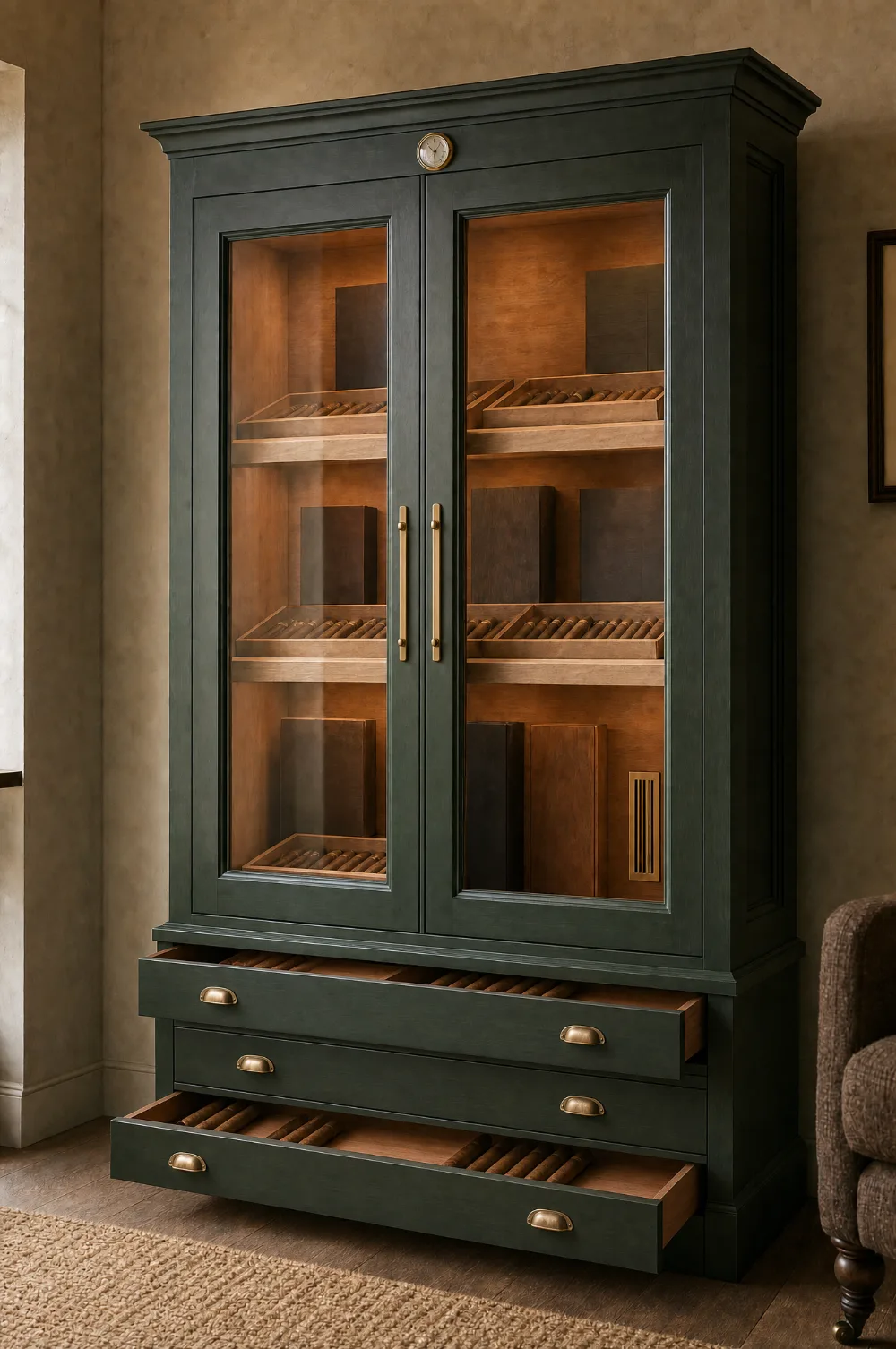 Dark green hand-painted cigar cabinet with glazed doors and lit cedar interior