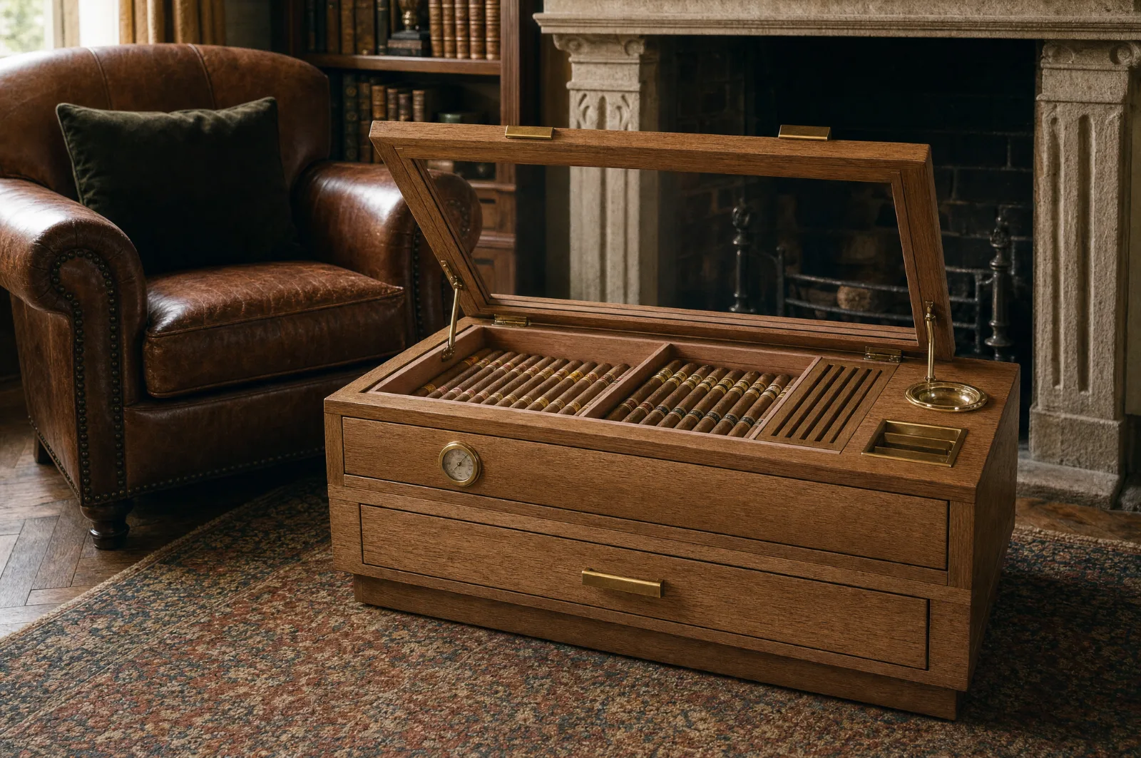 Low cigar table with the hinged glazed lid raised, showing cedar trays of cigars, an ashtray well and a cutter well