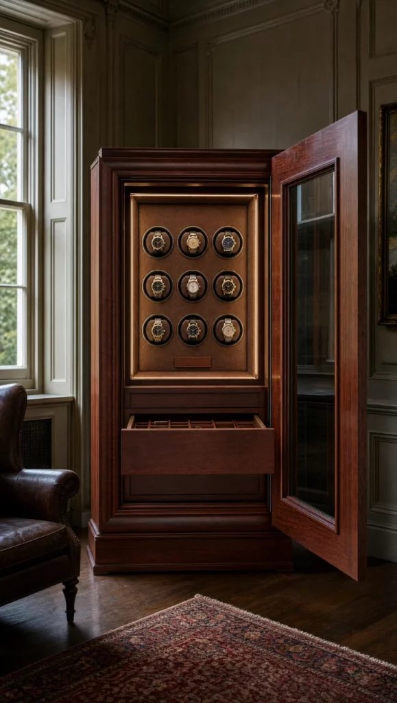 Grand freestanding watch cabinet in mahogany with the glazed door open, nine lit winder positions on a leather-faced panel and a fitted drawer below