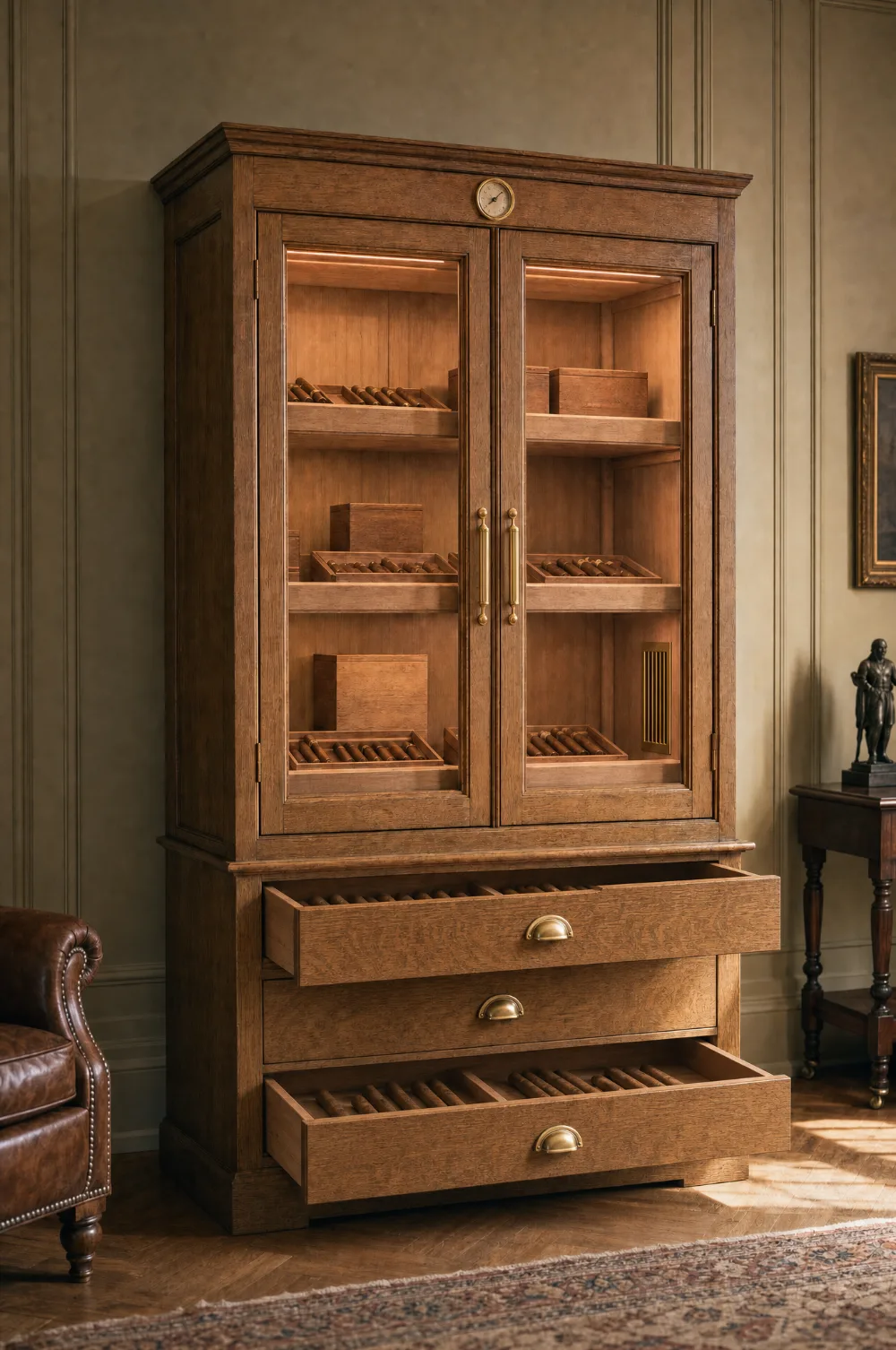 Oak cigar cabinet with glazed doors, lit cedar trays and two cigar drawers drawn open