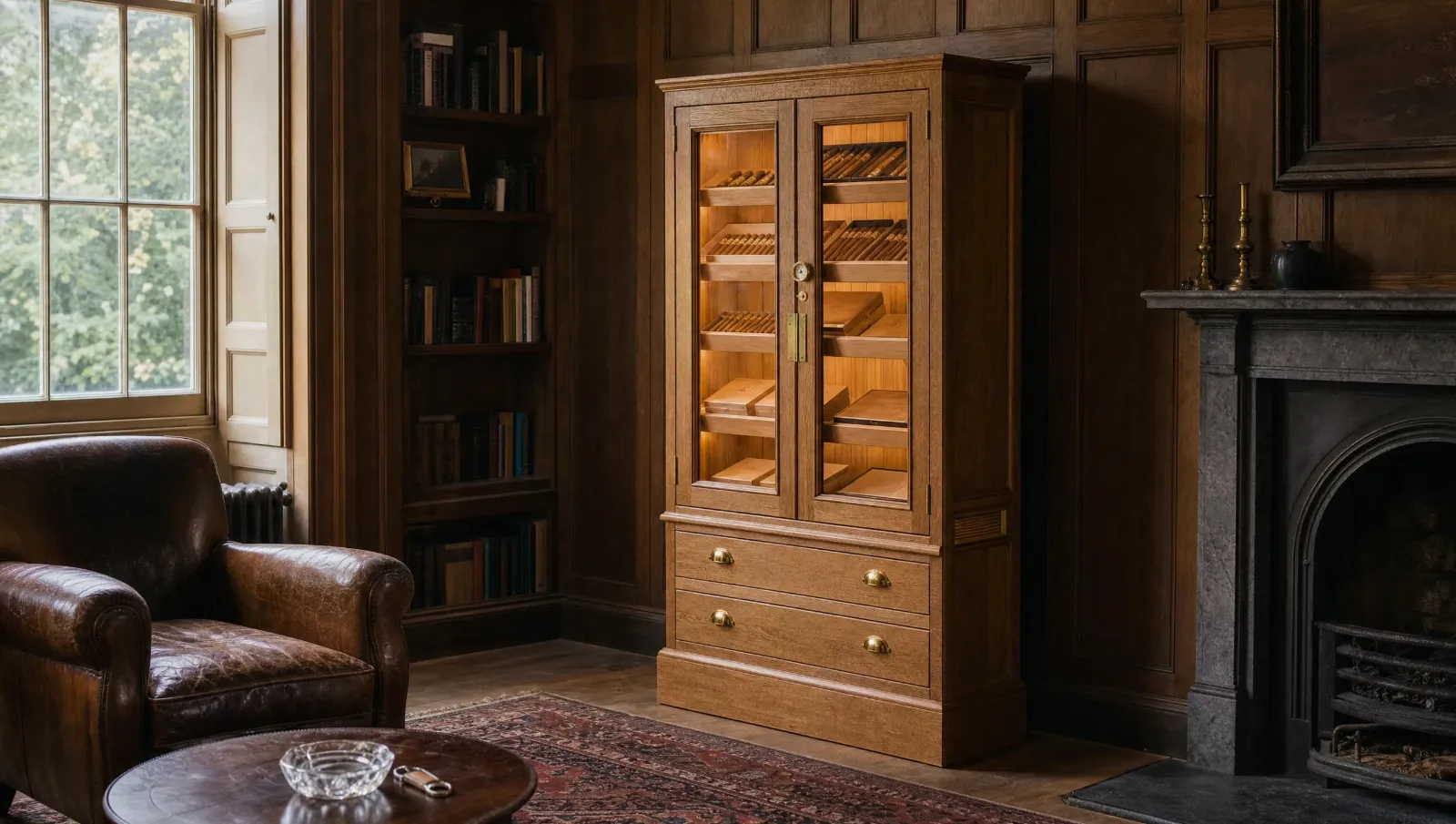 Oak cigar cabinet with glazed doors and lit cedar trays, standing in a panelled library beside a stone fireplace