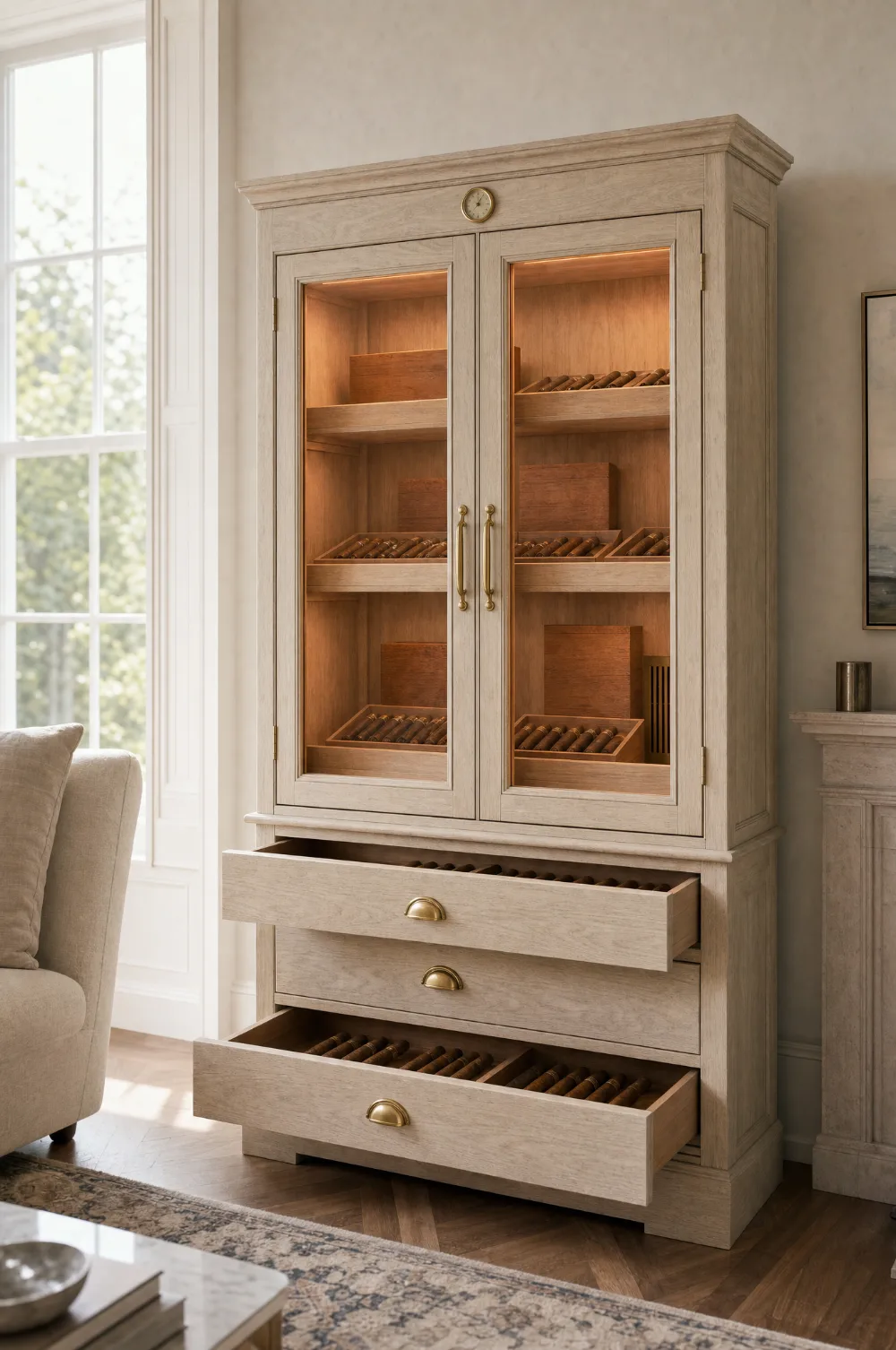Off-white hand-painted cigar cabinet with brass handles and a lit cedar interior