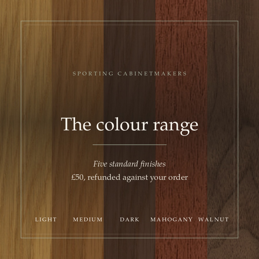 Light, medium and dark oak, mahogany and walnut finishes side by side