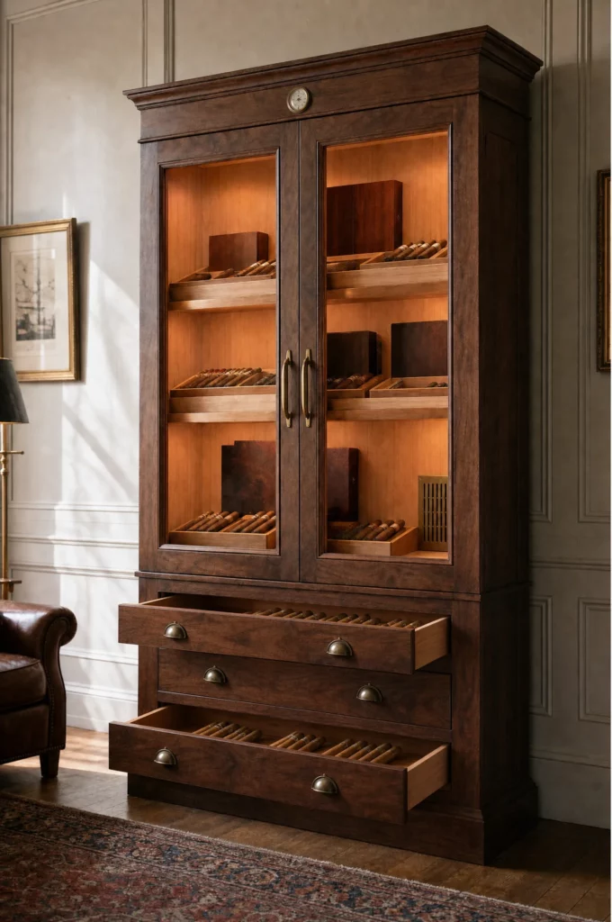 Cherry cigar cabinet with lit cedar shelves, cigar boxes on display and two drawers drawn open