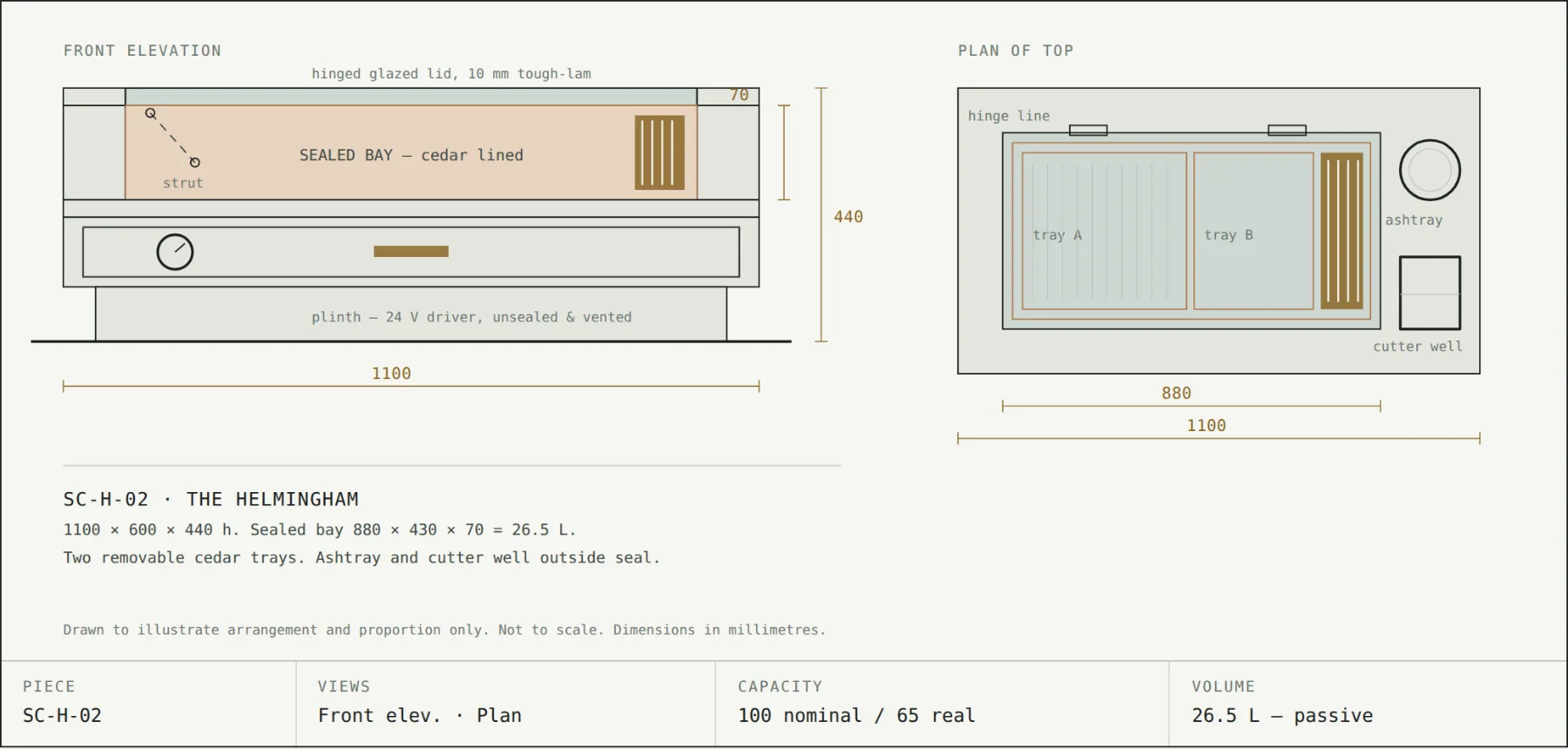 Drawing of a low cigar table with hinged glazed lid, two cedar trays, ashtray and cutter well