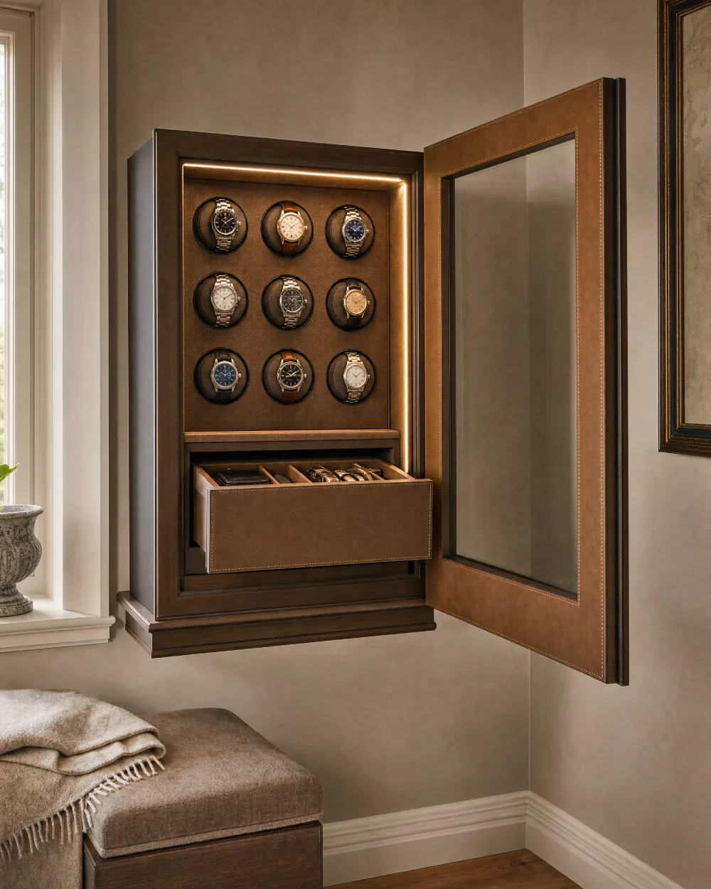 Wall-recessed watch safe with a leather-faced door open, nine lit winder positions and a leather-lined drawer, set into a dressing room wall