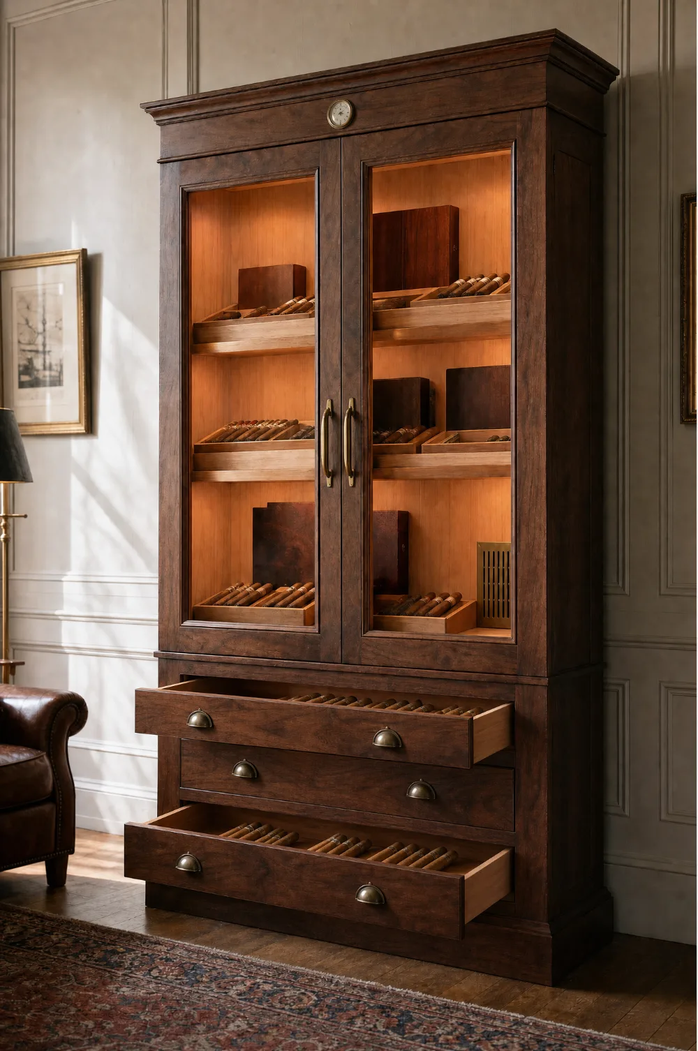 Warm oak cigar cabinet with glazed doors, lit cedar interior and open cigar drawers